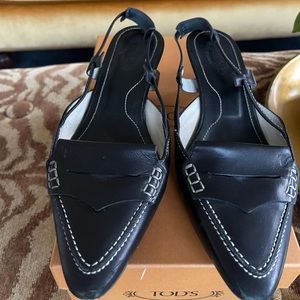 Vintage! TOD’S black Italian leather sling back kitten heel pump